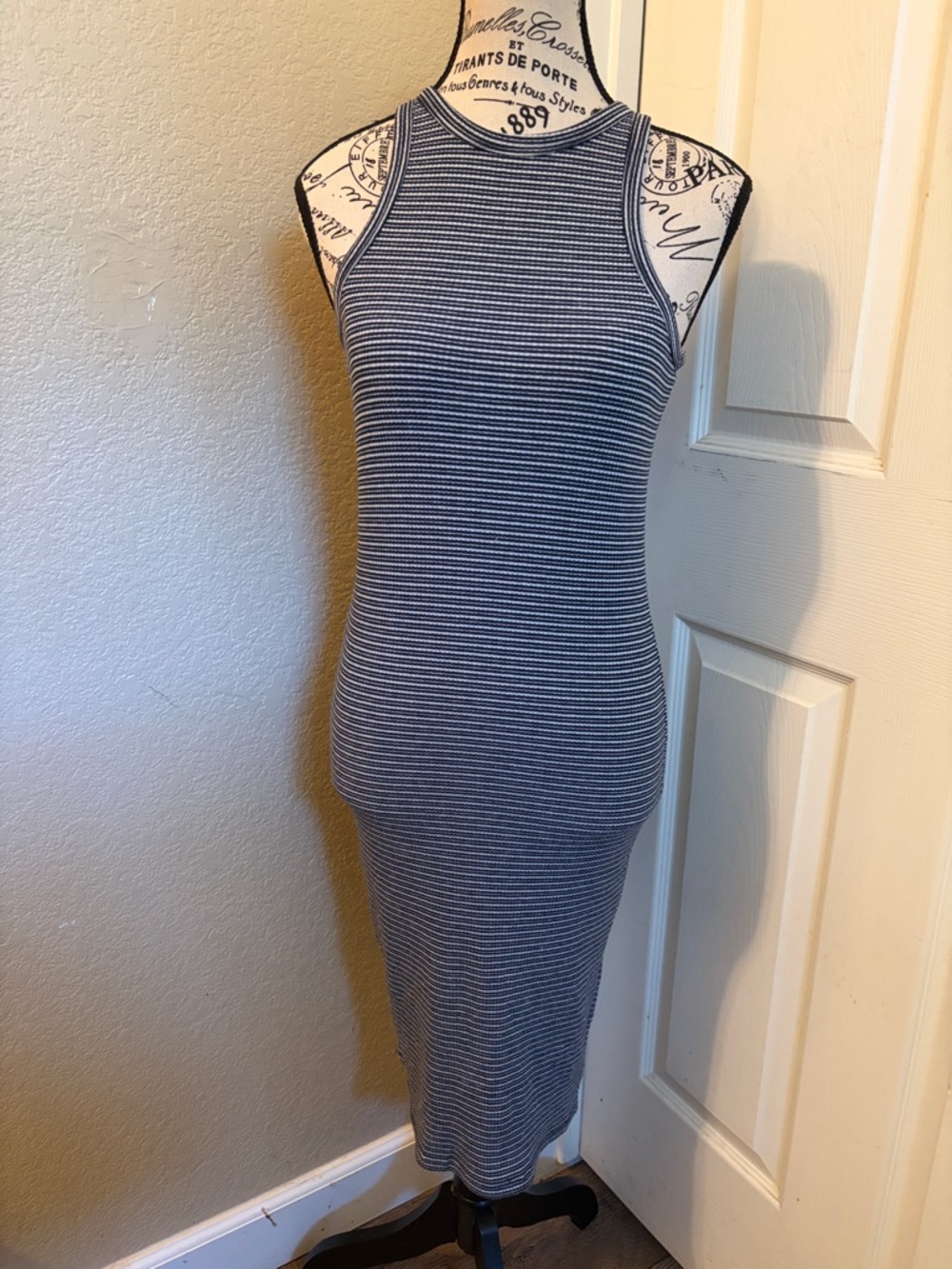Cotton On Navy and White Striped Ribbed Sleeveless Racerback Tank Midi Dress